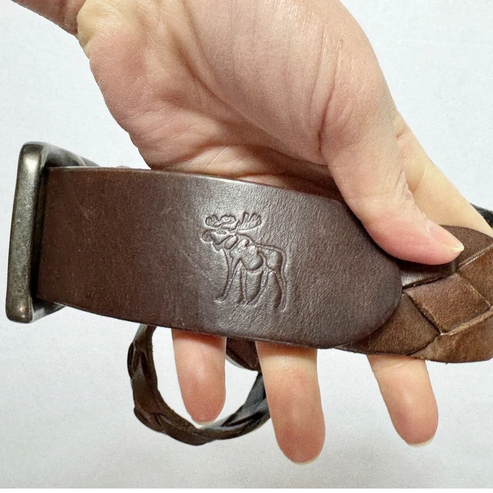 Y2K Abercrombie Fitch Mens Belt Wide Brown Braided Woven Leather Silver Buckle